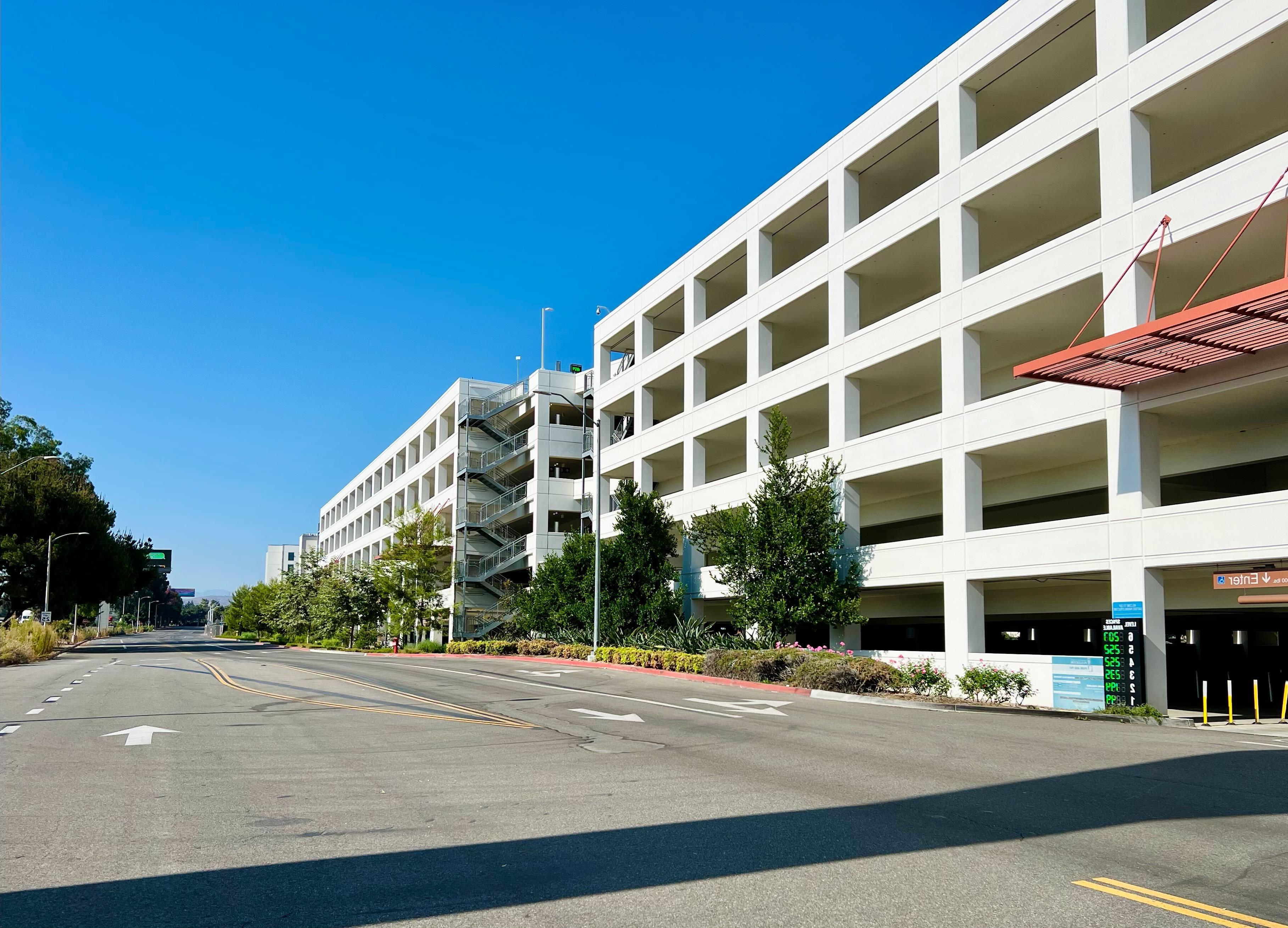 Two parking structures with entrance shown